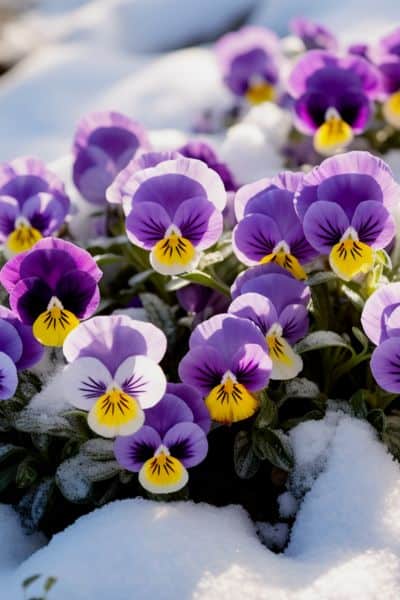 pansy flowers in the snow