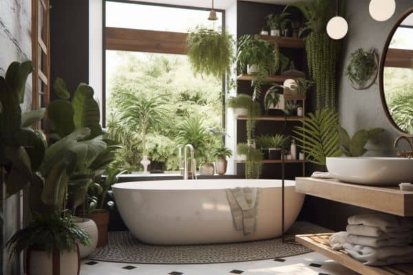 beautiful plants in a white bathroom