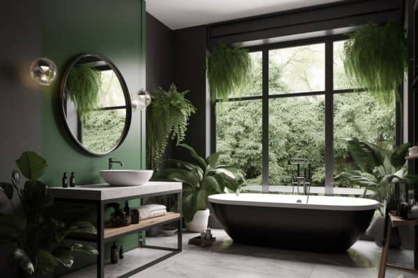 plants in a green bathroom