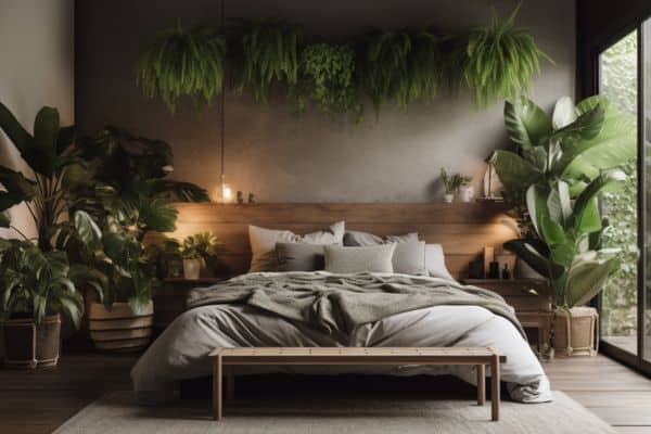 plants in a beige bedroom
