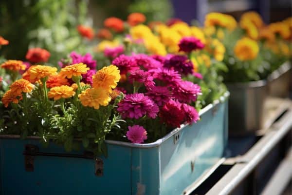 container flowers in the sun