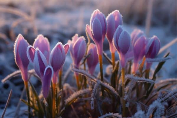 crocus flowers in frost