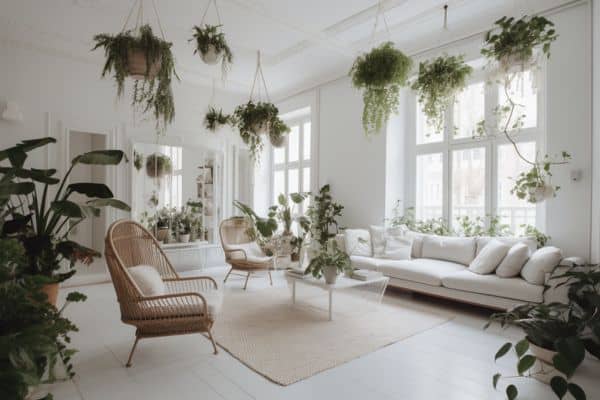 indoor hanging plants in a white room