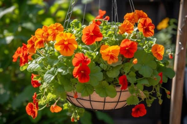 nasturtiums in a hanging planter