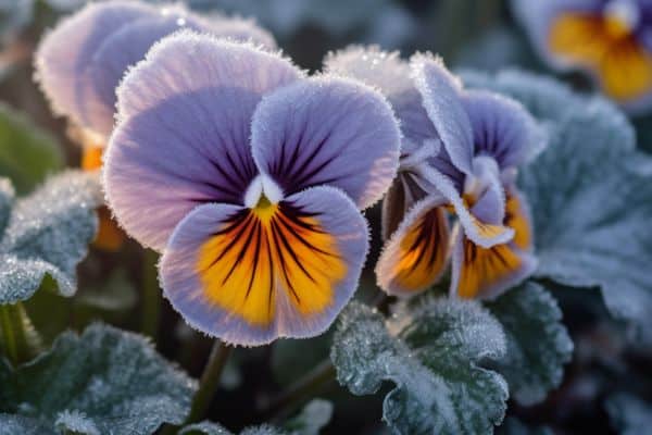 pansy flowers in frost