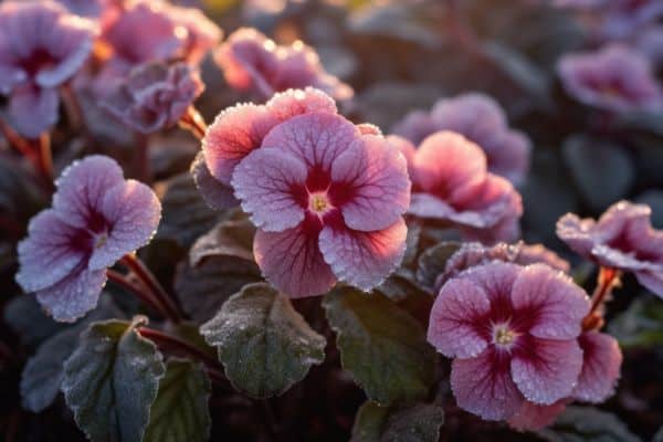 primrose flowers in frost