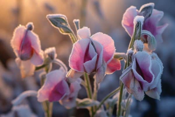 sweet pea flowers in frost