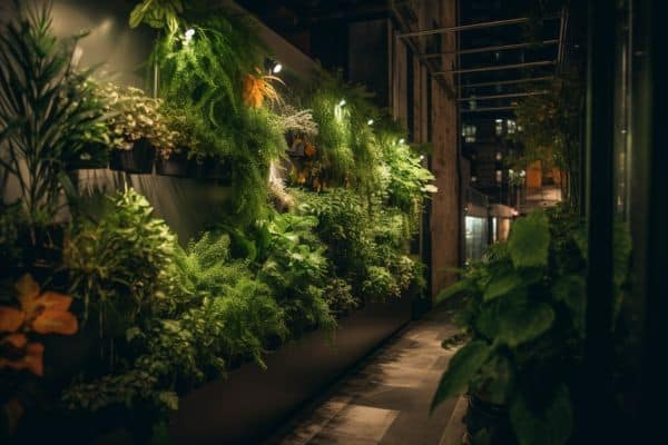 vertical garden lit up at night