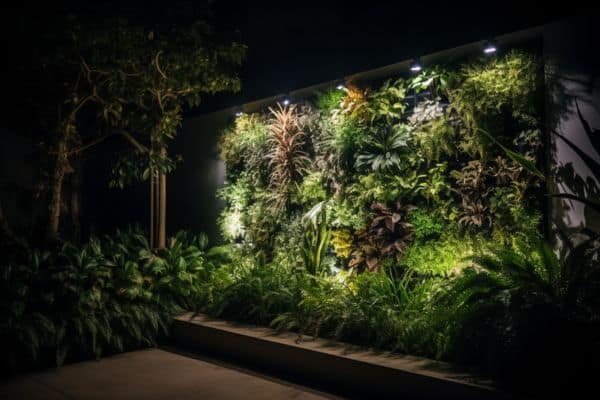 vertical garden illuminated at night