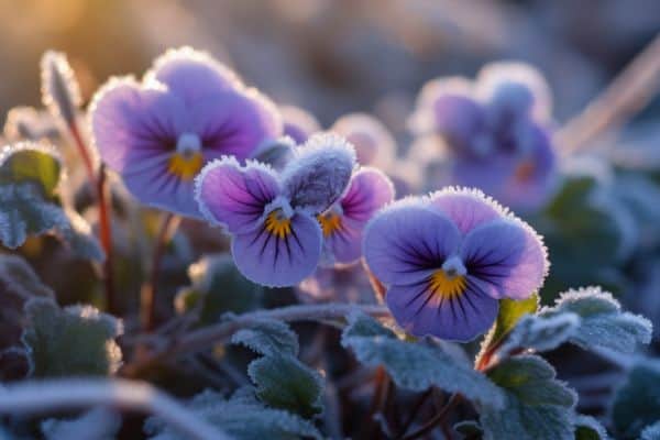 viola flowers in frost