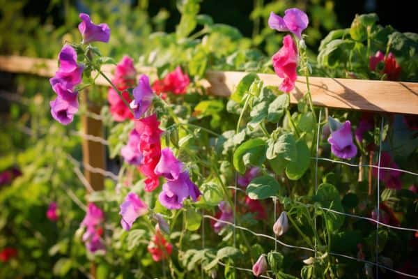 sweet pea flowers growing on a trellis