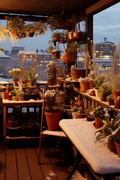 snow on balcony plants