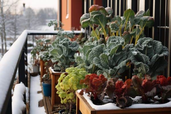 kale on balcony garden in winter