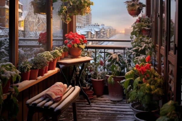 snow on balcony garden