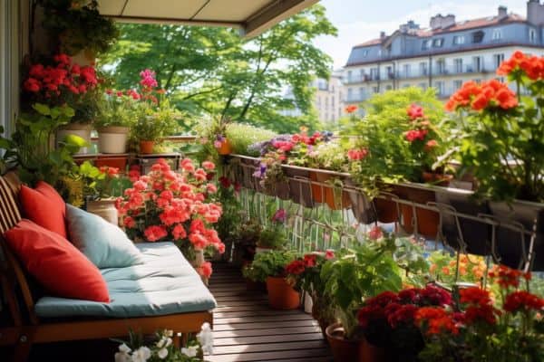 geranium plants on a balcony